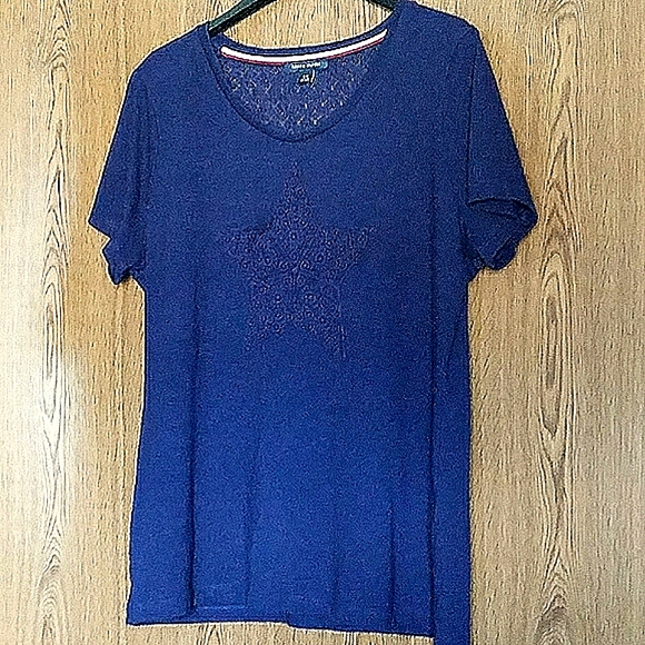 Tommy Hilfiger Blue Knit Short Sleeve Lace Star Top Size L - Picture 1 of 7